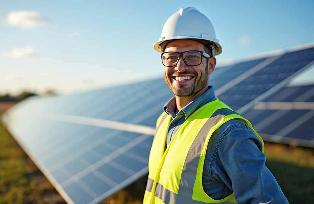 Smiling professional in safety gear stands proudly at solar panels. Renewable energy site worker on sunny day. Man wearing hardhat, vest promotes eco-friendly tech. Clean energy, innovation power.