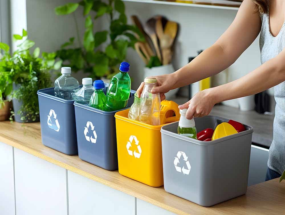 Une femme trie le recyclage à la maison