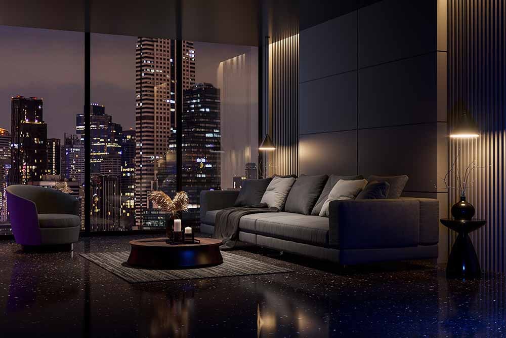 Salon d'un condo la nuit