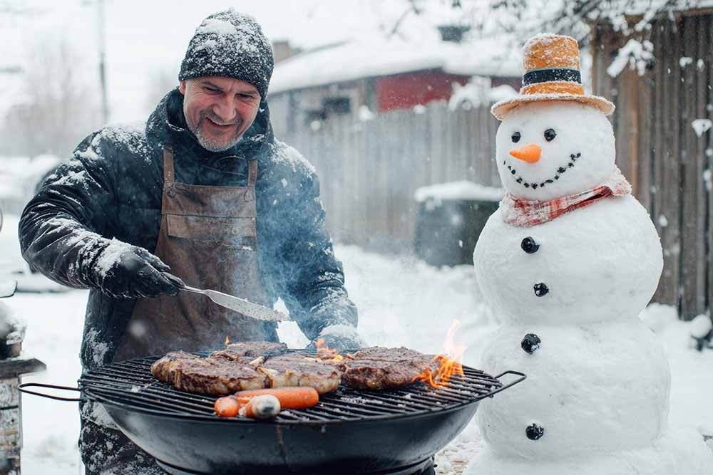 Man barbecuing outside on a winter morning