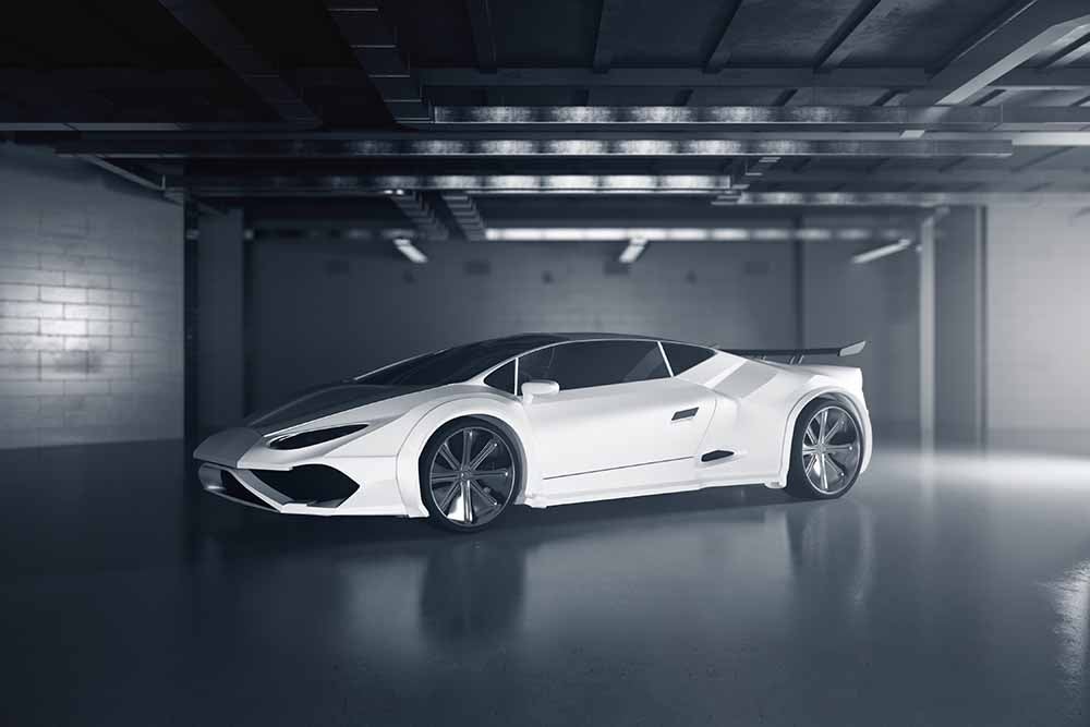 Side view of new white sportscar inside grunge garage. Race concept. 3D Rendering 