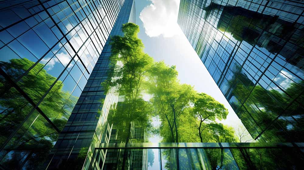 Reflets d'arbres sur des immeubles de bureaux