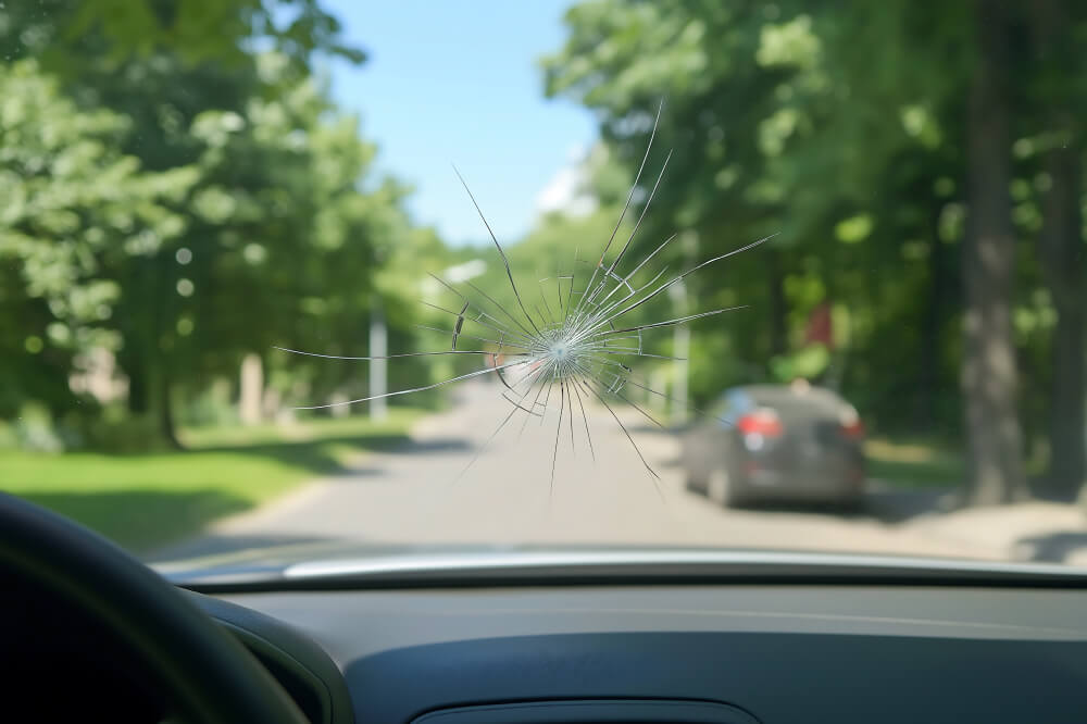 Voiture avec pare-brise endommagé qui est stationné sur une rue ensoleillé