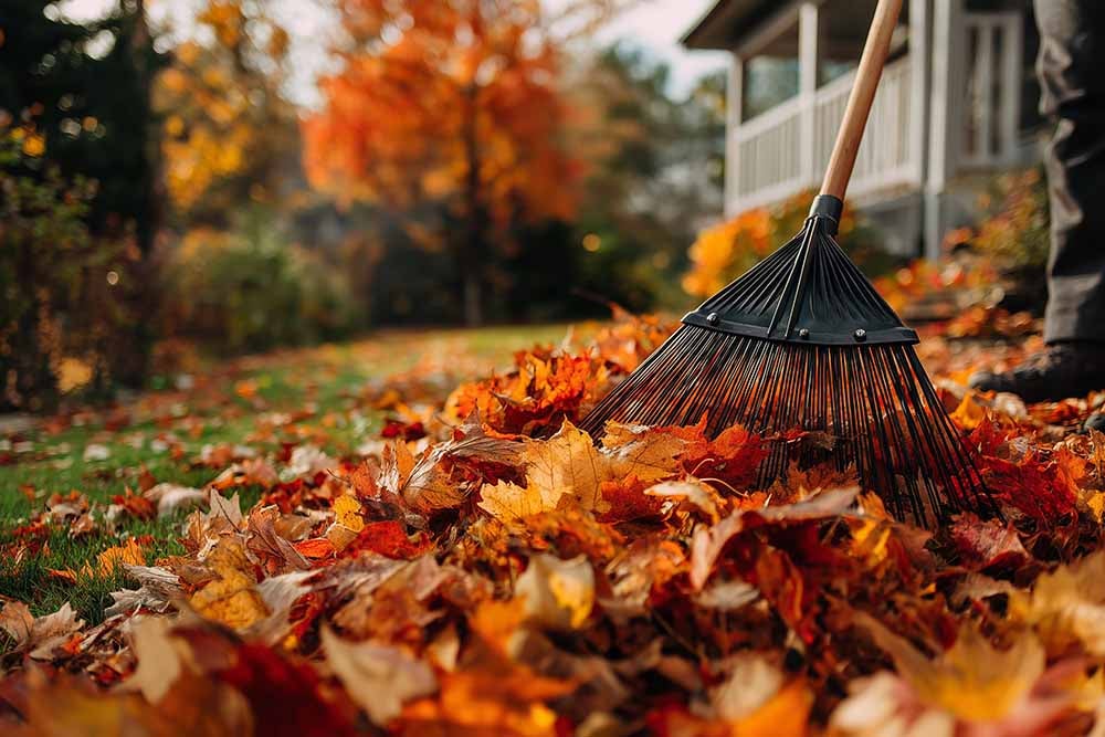 A rake sweeping up fallen autumn leaves