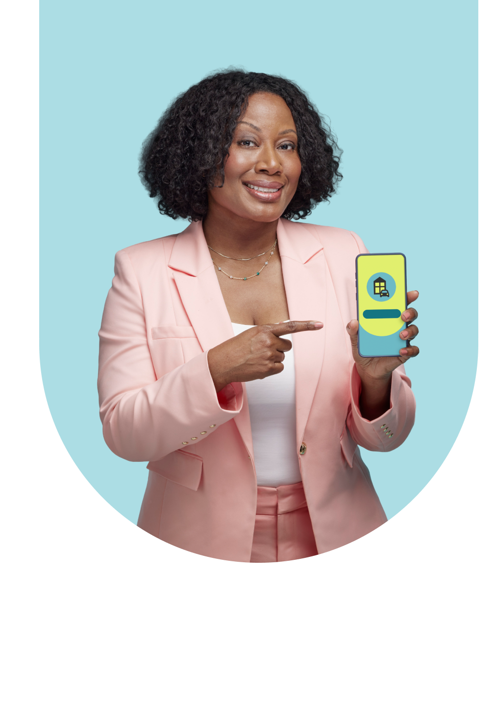 Person smiling and pointing to their phone screen displaying a quote.