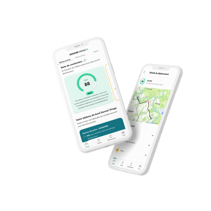 Application d’assurance basée sur l’utilisation de Sonnet Virage affichant une bonne note de conduite et des conseils.